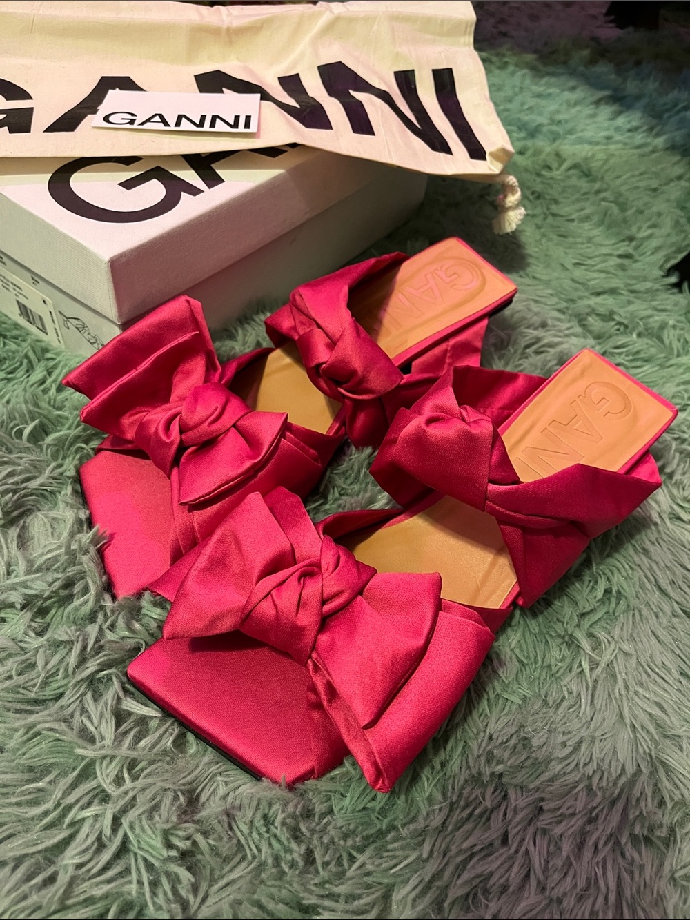 Ganni Hot Pink Satin Bow Slide Sandals NWB
